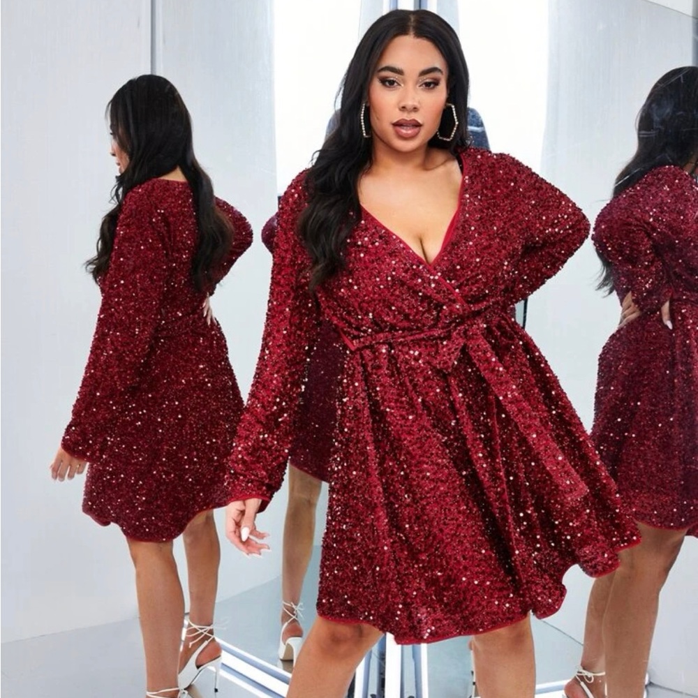 Red long sleeve sequin party formal mini dress belted a-line